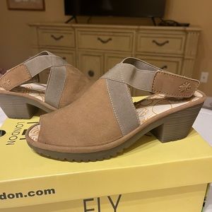 Fly London Sz 38. 7- 7.5 us. Like new. Suede and Velcro closure. 2” heel